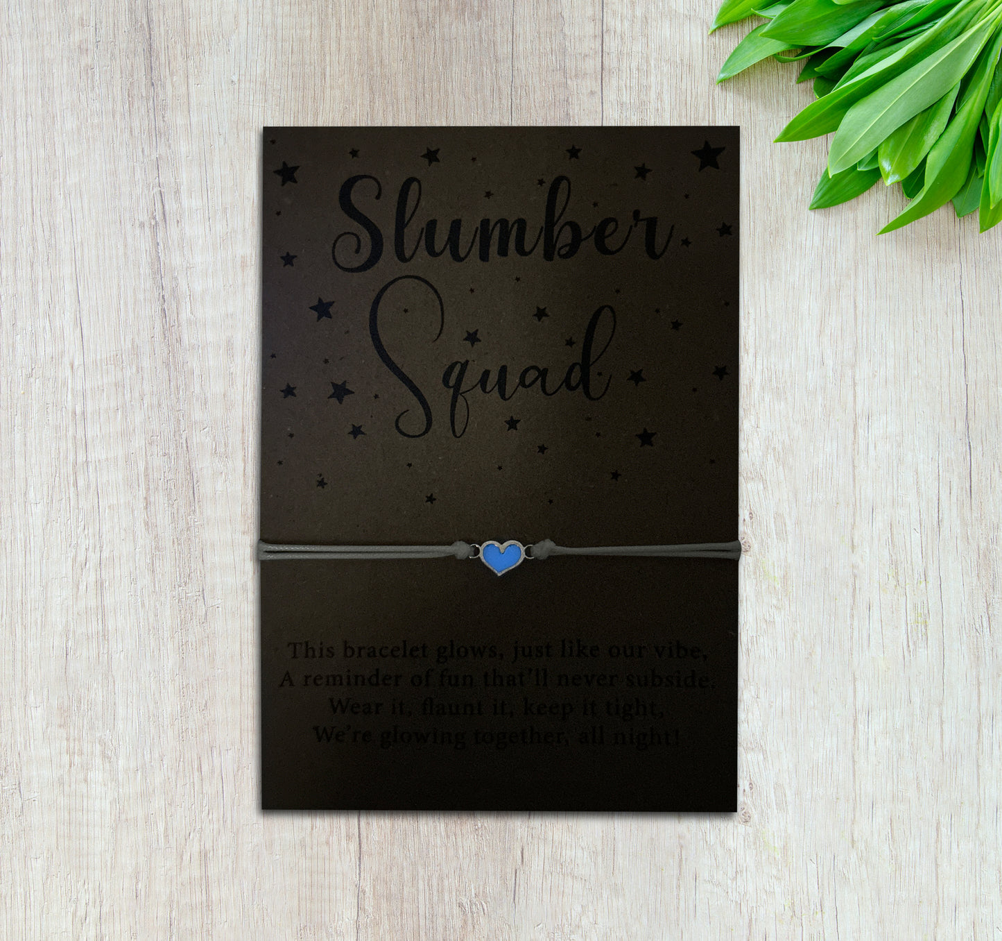 Slumber Squad Glow-in-the-Dark Bracelet – Sleepover Party Favor Bracelet attached to a keepsake card