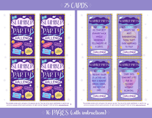 Slumber Party Challenge Game - Printable Sleepover Truth or Dare Cards, Fun Party Game for Girls, Instant Download