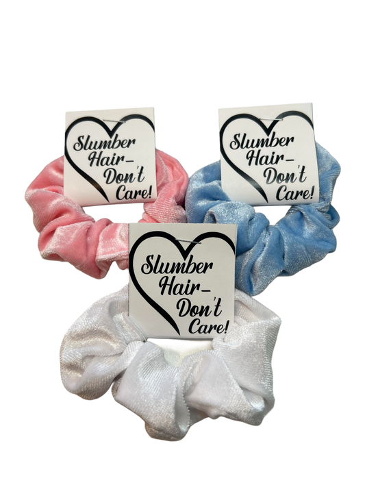Velvet Scrunchie Sleepover Party Favor – "Slumber Hair, Don’t Care" – Soft Hair Tie in White, Pink or Blue