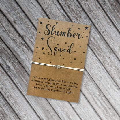 Slumber Squad Glow-in-the-Dark Bracelet – Sleepover Party Favor Bracelet attached to a keepsake card