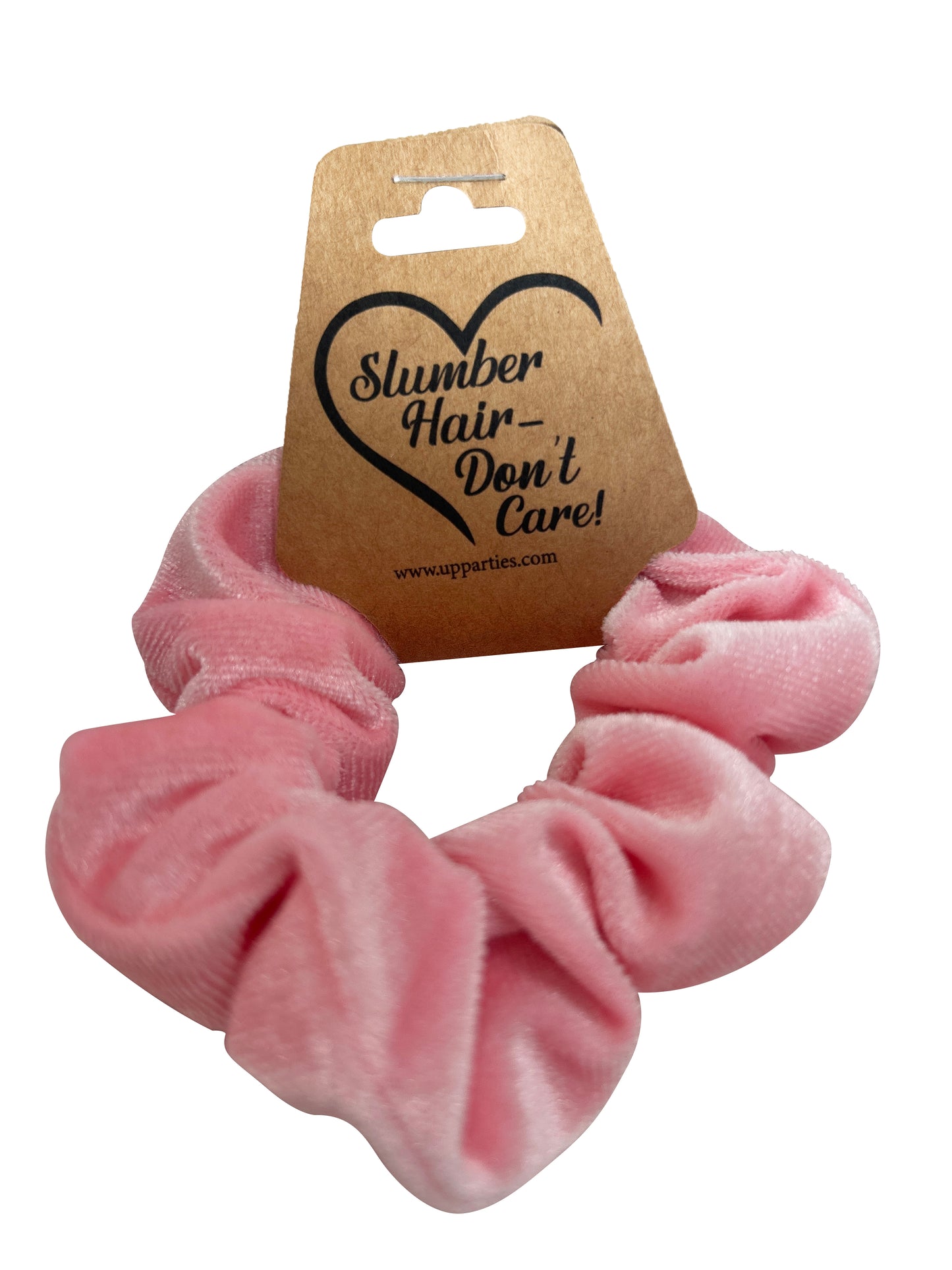 Velvet Scrunchie Sleepover Party Favor – "Slumber Hair, Don’t Care" – Soft Hair Tie in Pink