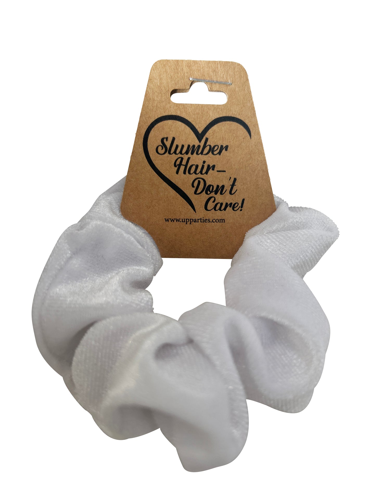 Velvet Scrunchie Sleepover Party Favor – "Slumber Hair, Don’t Care" – Soft Hair Tie in White