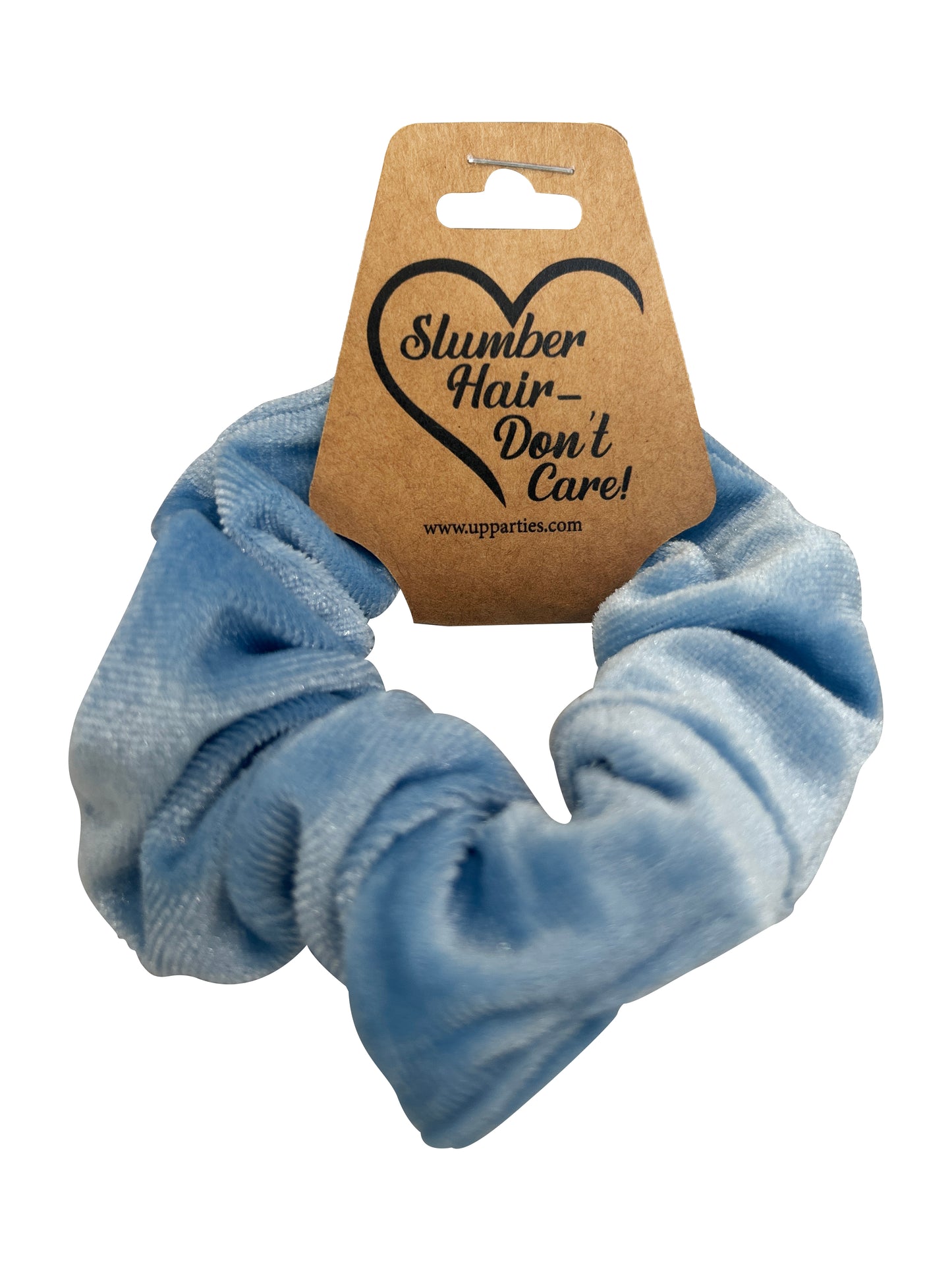 Velvet Scrunchie Sleepover Party Favor – "Slumber Hair, Don’t Care" – Soft Hair Tie in Blue